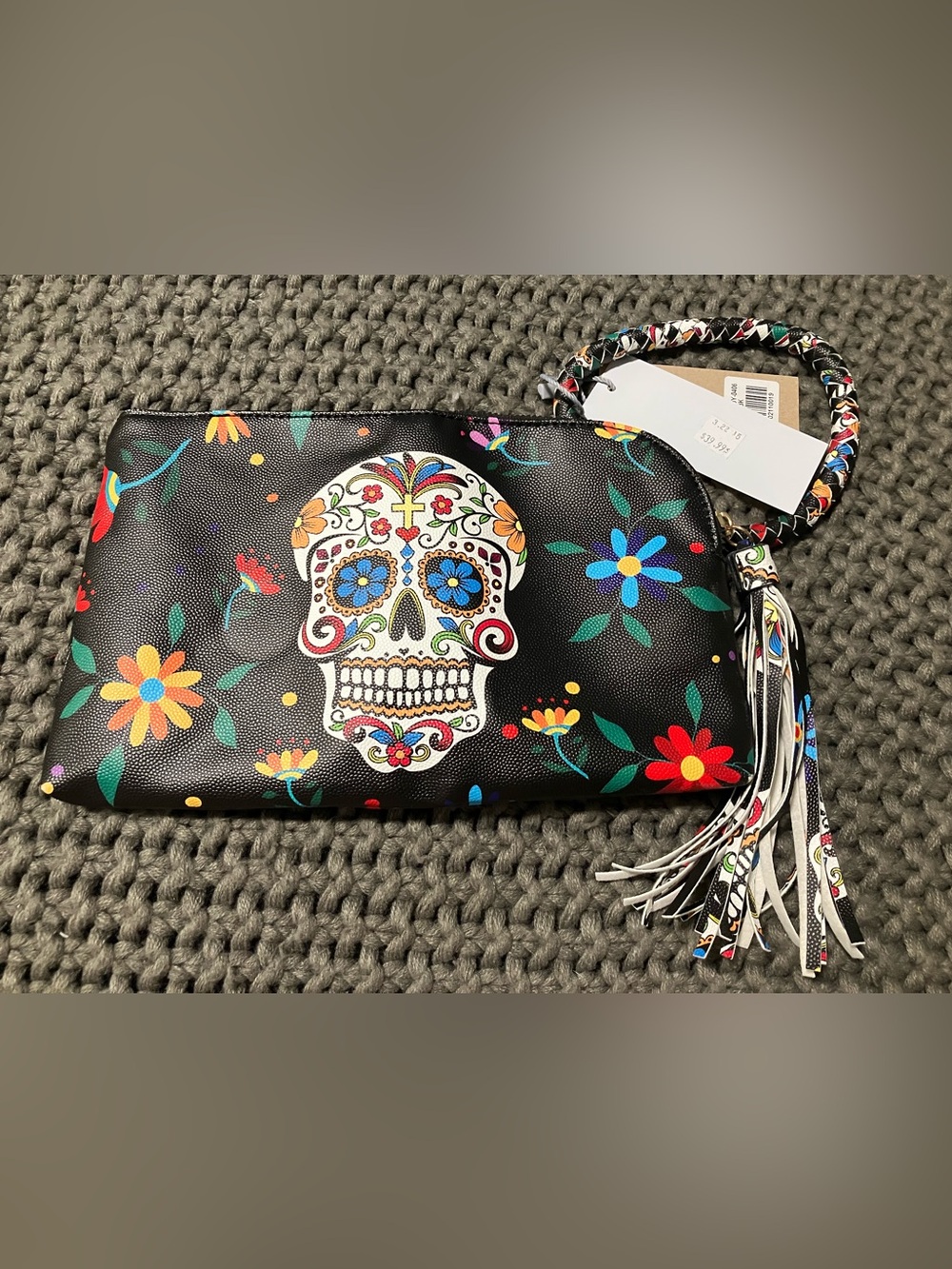 NWT Calin Collection Black Vegan Leather Sugar Skull Wristlet